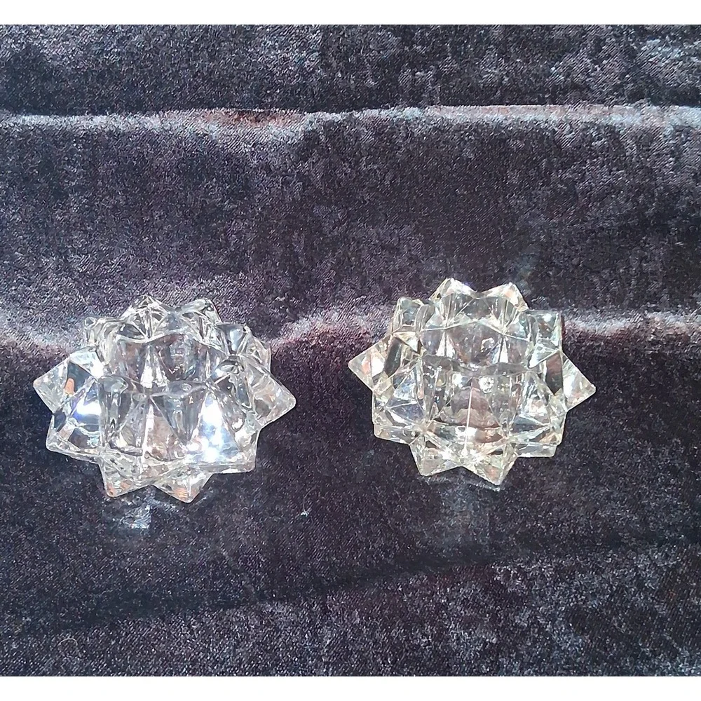 Set of 2 Crystal Starburst Tea Light Holders Vintage Glass‎ Votive Candlesticks